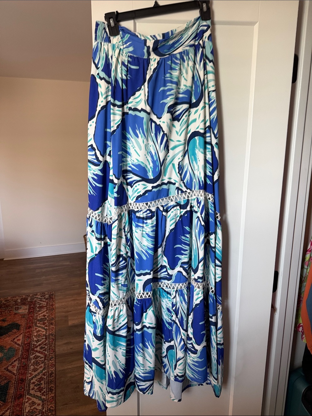 Flowy Blue & White Maxi Tiered Skirt